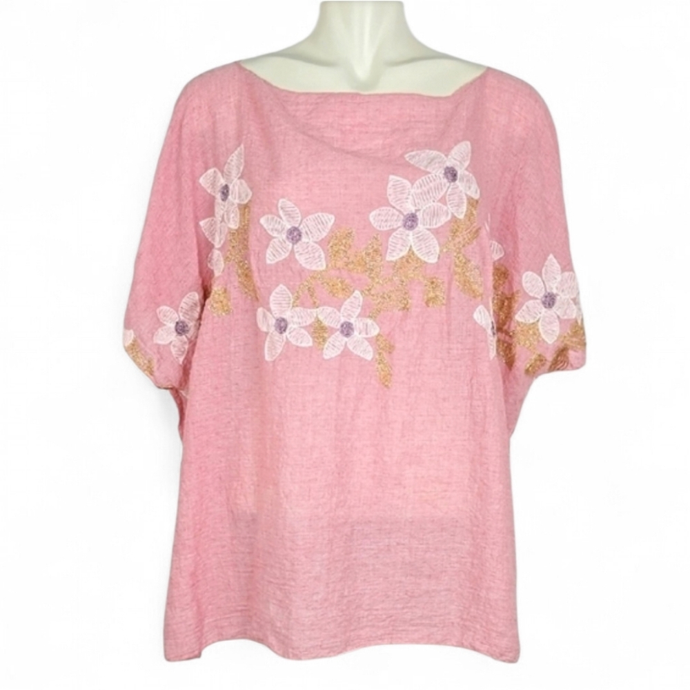 Cherie Bliss Women's Pink Kaftan Top White Floral Embroidery Cotton Blend S/M